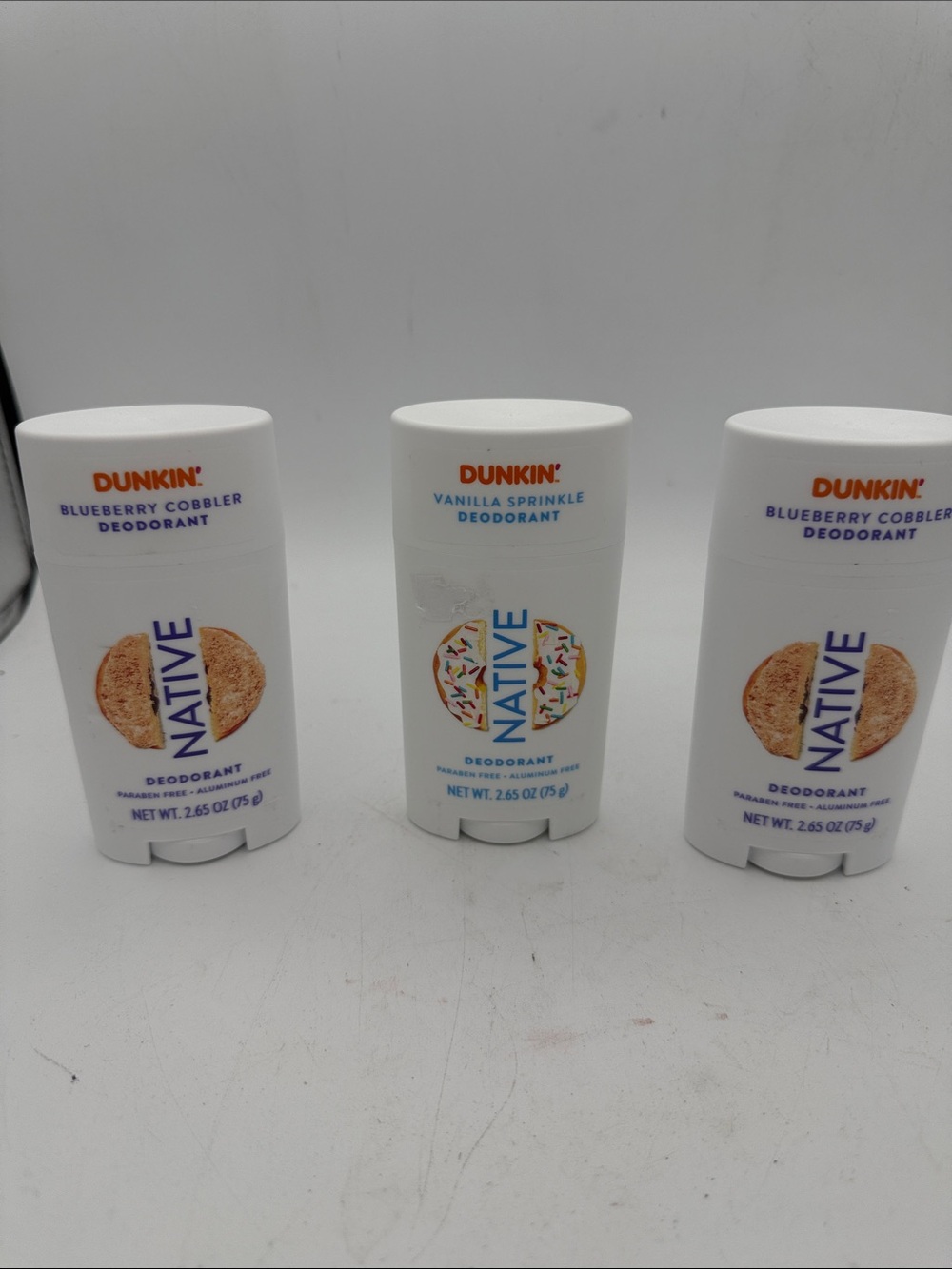 3 Dunkin' Native Deodorant Sticks  Vanilla Sprinkle & Blueberry Cobbler New